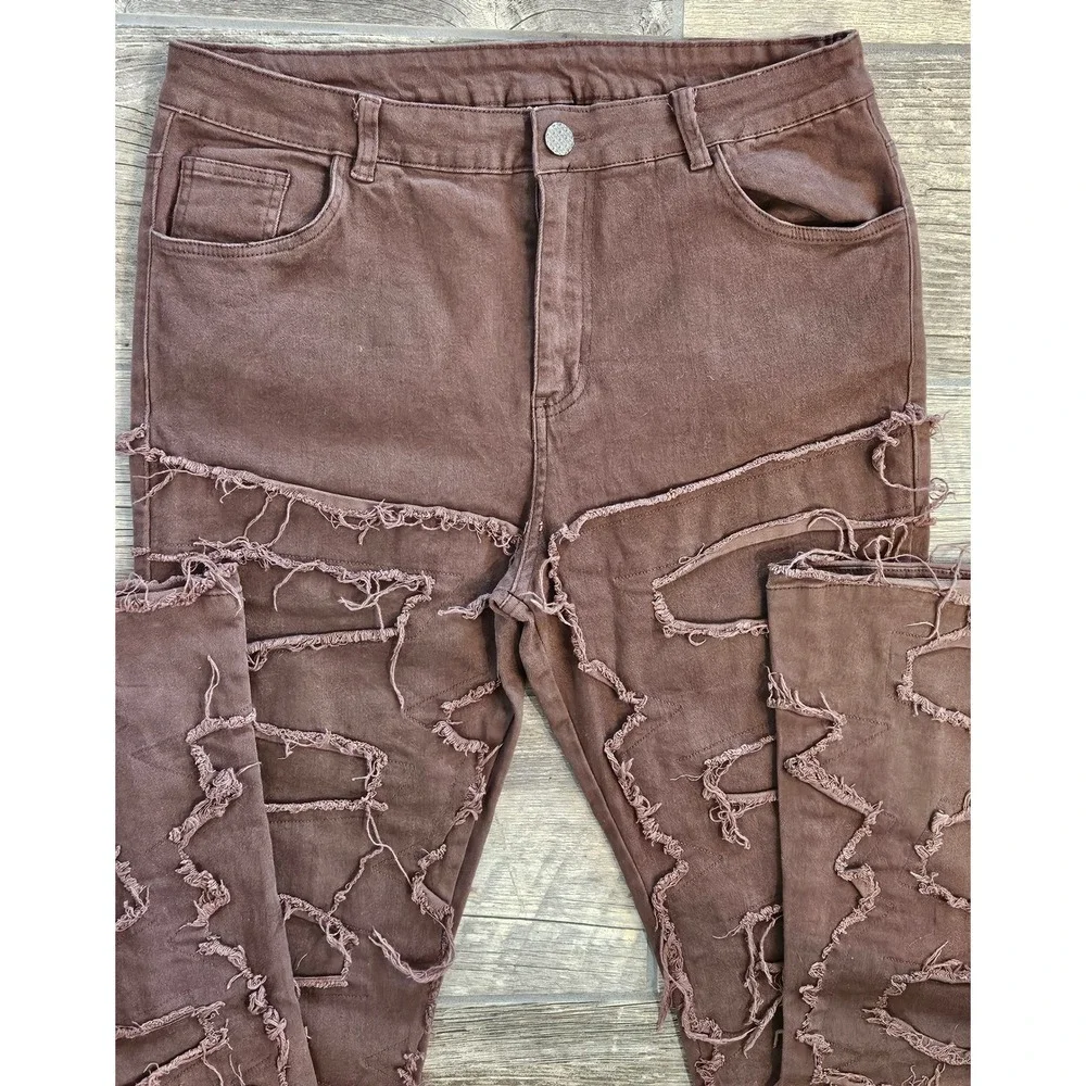 GOTHIC GRUNGE Brown 34 Distressed Patchwork Jeans Streetwear Frayed Raw Edge